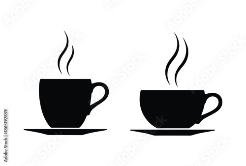 Two steaming coffee cups on saucers, a simple black and white illustration.