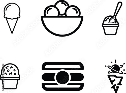 Black and white icons of various ice cream types and desserts on white background