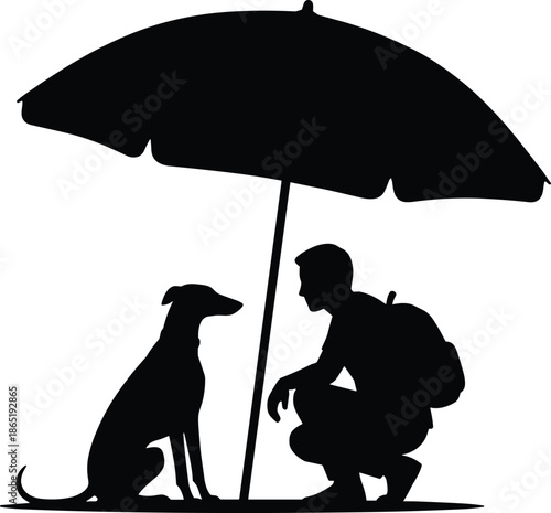 Man silhouette sheltering dog under umbrella, compassion, care, protection, friendship, kindness, rainy day, human animal bond illustration isolated white