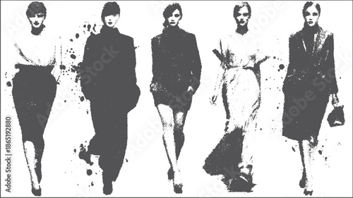 Fashion models in chic outfits on a catwalk. Simple vector illustration showcasing monochrome styles and sophisticated silhouettes in a set.