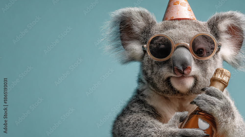 Obraz premium Koala wearing sunglasses and party hat. Birthday celebration concept.