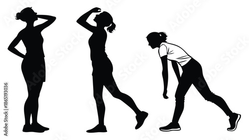 three figures practicing yoga poses with varying degrees of flexibility captured in a striking silhouette