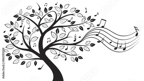 a black tree with musical notes flowing from its branches forming a swirling and artistic silhouette