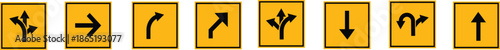 Road Arrow Flat Style Vector Icon Set, Traffic Direction Symbol Collection and Navigation Outline Graphic Group Featuring Turn, Curve and Wayfinding Arrow Signs