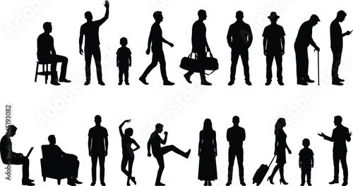 People silhouettes in different daily life poses, men women children activities, walking sitting working travel lifestyle illustration isolated white