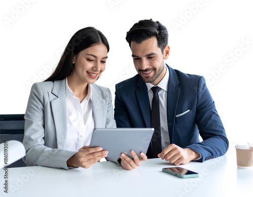 young business woman and man working on tablet isolated on transparent background.