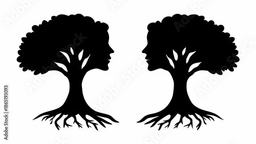 Double tree silhouette with human faces and roots