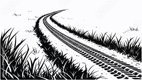 a winding dirt road framed by tall grasses and foliage in a striking black and white silhouette