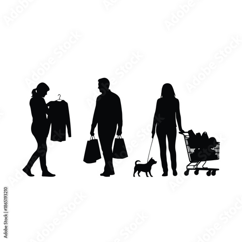 People shopping together, walking with dog and shopping cart Page illustration