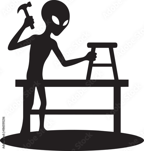 Alien alien hammering stool into table with tool belt on checkered background
