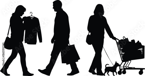 People shopping together with bags and a trolley on a bright background