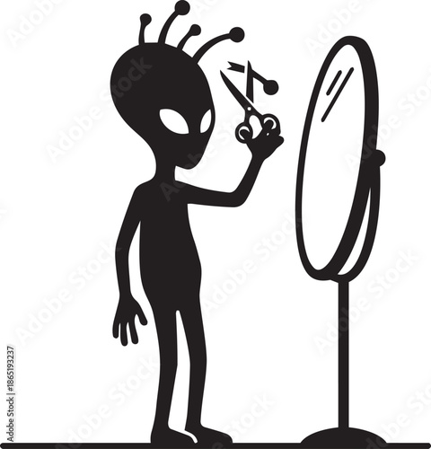 Alien character cutting its own antenna with scissors while looking into oval standing mirror