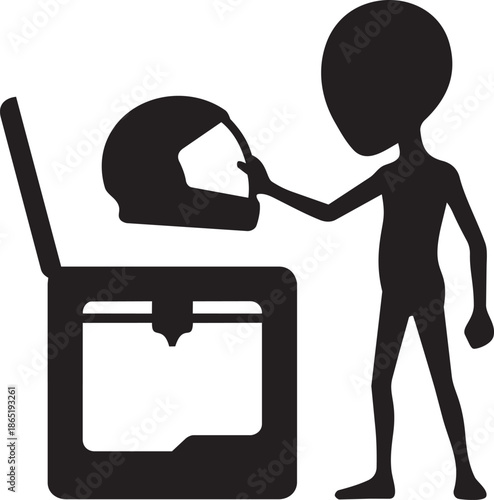 Alien character touching futuristic helmet coming out of 3d printer on transparent