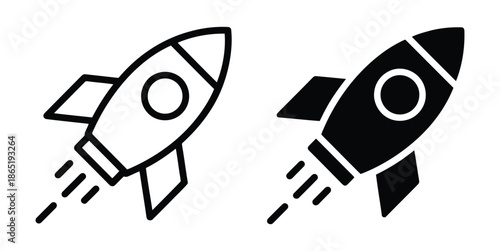 Two simple black and white illustrations of rockets in flight against a plain white background