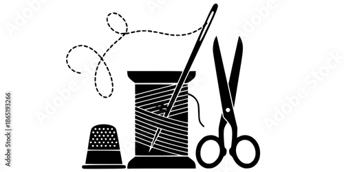 Thread Spool and Sewing Needle Vector Silhouette