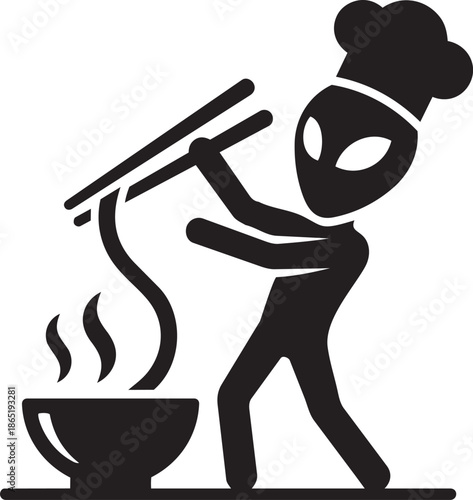 Alien chef character lifting noodles with chopsticks from steaming hot soup bowl silhouette