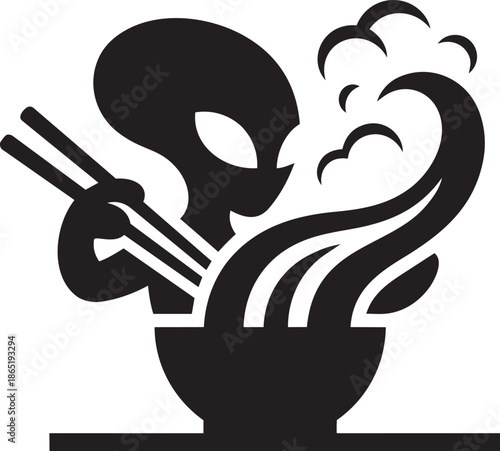 Alien eating noodles with chopsticks from bowl with steam on checkered background