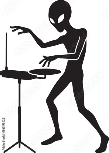 Alien musician playing theremin electronic instrument silhouette with rhythmic dance movement