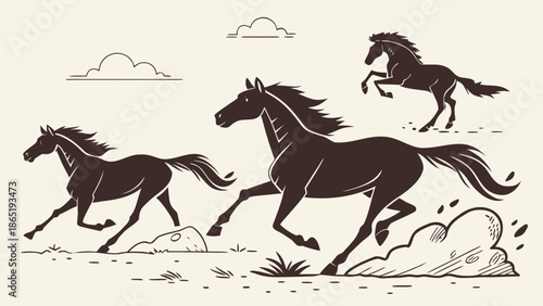 A captivating illustration showcases three horses in dynamic poses against a simple landscape silhouette high quality