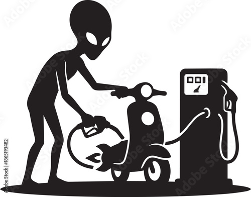 Alien refueling scooter at gas station with pistol, funny extraterrestrial concept, cartoon style