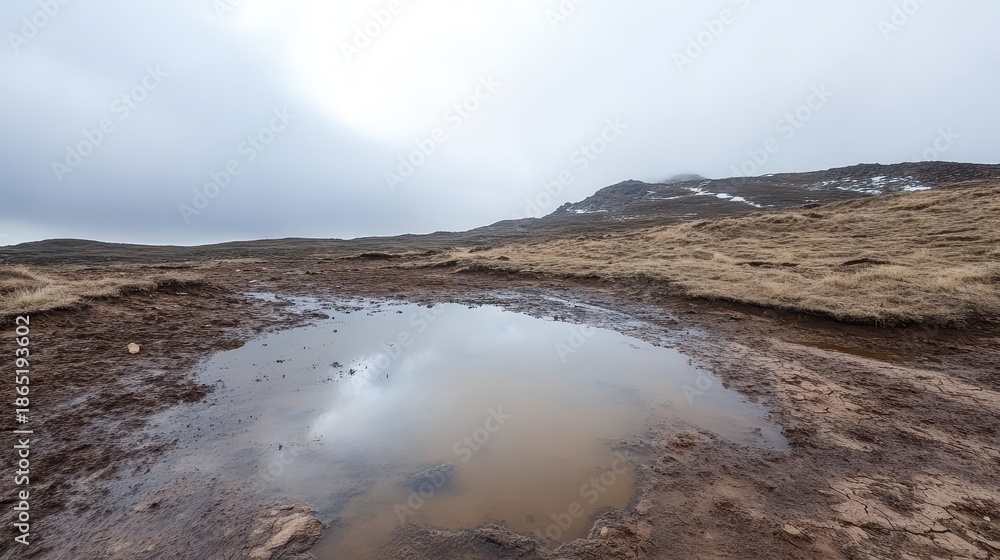 Fototapeta premium A shallow pool of stagnant water reflects the cloudy sky and barren terrain of a desolate landscape