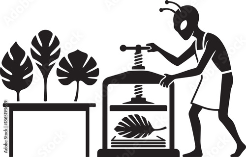 Alien with antennae pressing leaf in screw press device on checkered background