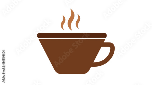 Minimalist illustration of a steaming brown coffee cup icon with simple heat waves set against a solid black background for graphic design projects.