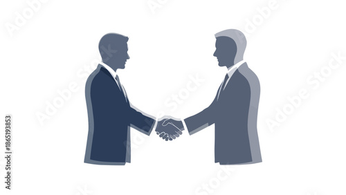 Silhouette illustration depicting two businessmen in suits shaking hands across the frame symbolizing agreement partnership or successful corporate deal completion