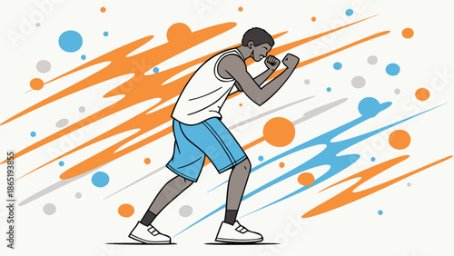 A dynamic illustration depicts a male athlete in a boxing pose amidst vibrant abstract splashes silhouette