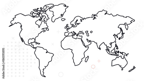 A minimalist black and white outline of the world map with continents and oceans silhouette