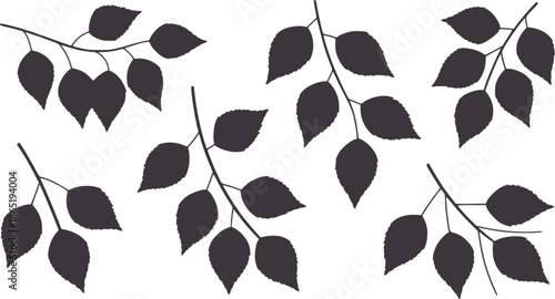 Black silhouette leaves branches in clusters