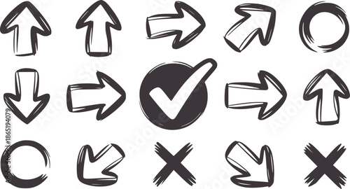 Collection of hand drawn black ink arrows and symbols in style