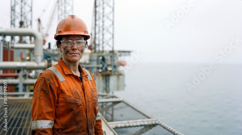 Female offshore oil rig worker in orange safety jumpsuit and hard hat