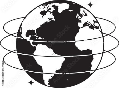 Sleek modern world logo with stylized earth and orbital lines black minimalist vector for branding print and digital use