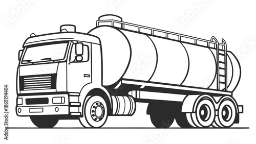 Detailed black and white line drawing of a large tanker truck showcasing its industrial design silhouette