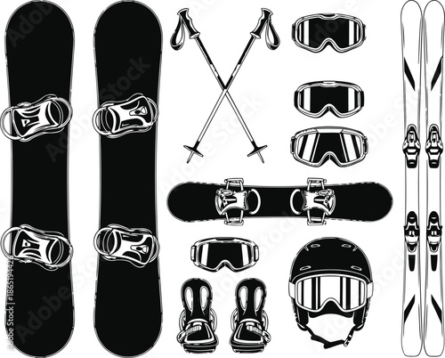 Skiing equipment and accessories neatly arranged showcasing various gear for winter sports enthusiasts