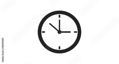A simple black and white circular clock face design with hands pointing to a specific time silhouette