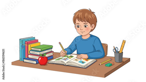 Little Boy Student Writing in Notebook at Desk