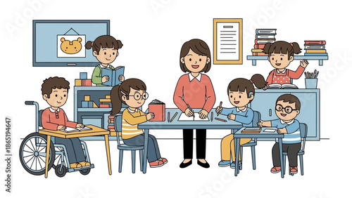 Teacher Helping Students in Classroom Illustration