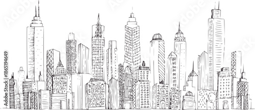 Hand drawn black and line skyline of a modern city with skyscrapers buildings urban