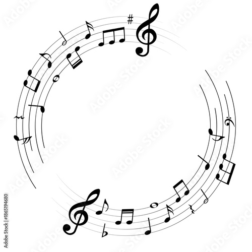 Music notes background, round musical frame, vector illustration.