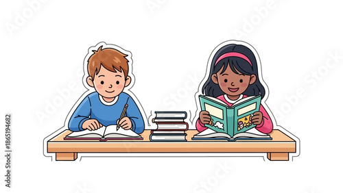Cute Boy and Girl Students Studying Together at Desk