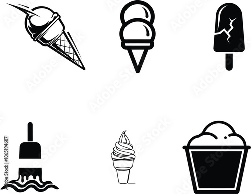 Black and white illustrations of various ice cream treats and desserts