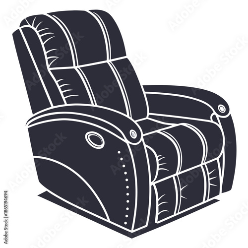 a detailed black and white illustration of a comfortable recliner chair in a striking silhouette
