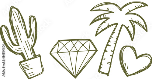 Hand drawn green doodle featuring cactus diamond palm tree and heart