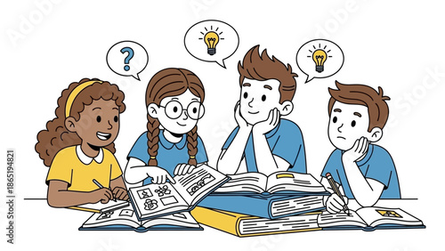 Group of Children Thinking with Lightbulbs and Question Marks