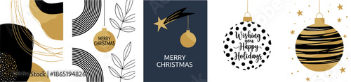 Set of five minimalist Christmas greeting card templates, modern boho holiday illustrations with gold ornaments, shooting stars, botanical leaves, and geometric shapes,