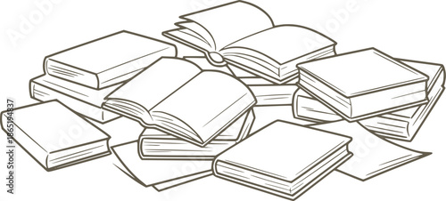 Hand drawn scattered open and closed books in black and line style