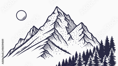 Dramatic mountain range illustration with a full moon and dense forest showcasing a striking silhouette
