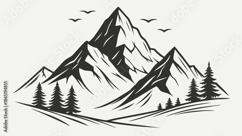 Dramatic mountain range scene with evergreen trees and flying birds presented in a striking silhouette